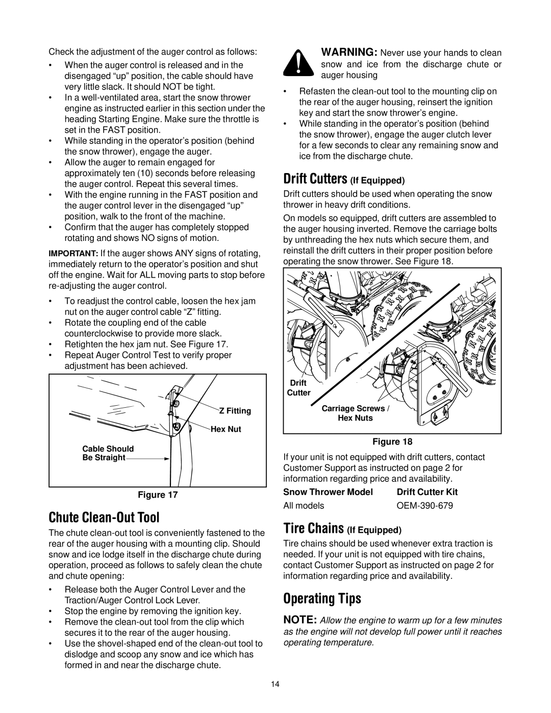 MTD 614E manual Chute Clean-Out Tool, Drift Cutters If Equipped, Operating Tips 