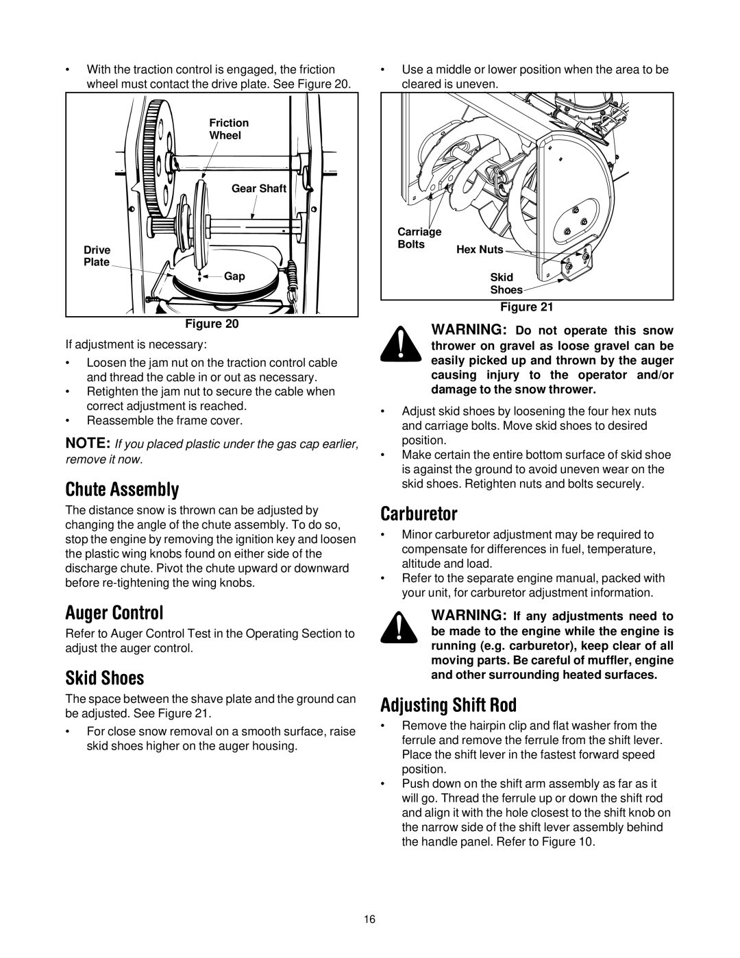 MTD 614E manual Chute Assembly, Auger Control, Skid Shoes, Carburetor, Adjusting Shift Rod 