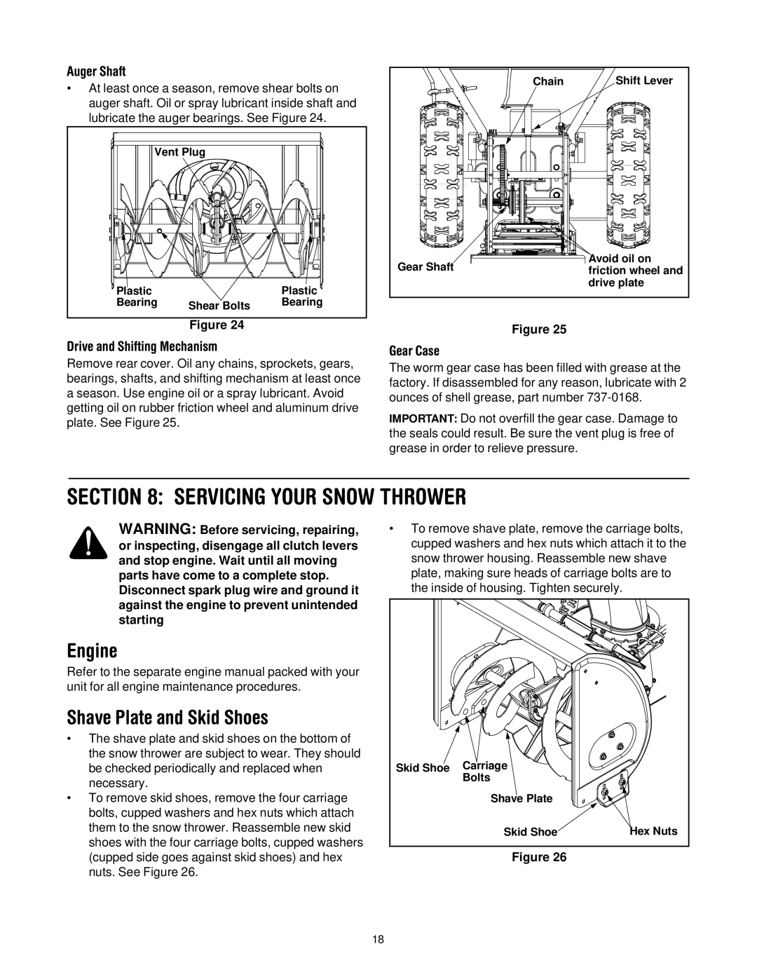 MTD 614E manual Servicing Your Snow Thrower, Engine, Shave Plate and Skid Shoes 