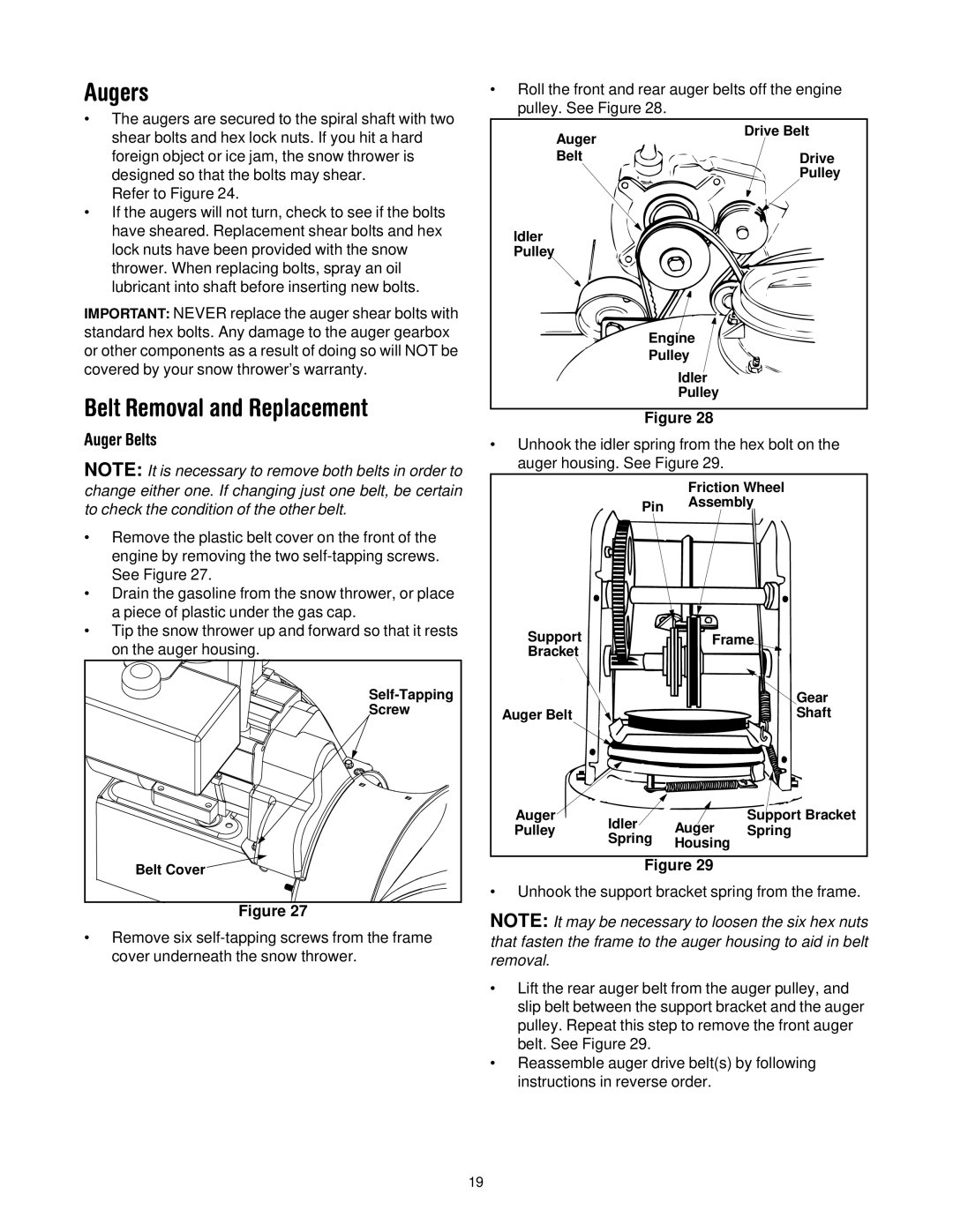 MTD 614E manual Augers, Belt Removal and Replacement, Auger Belts 