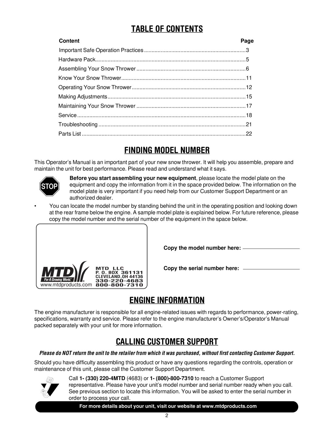 MTD 614E manual Table of Contents 