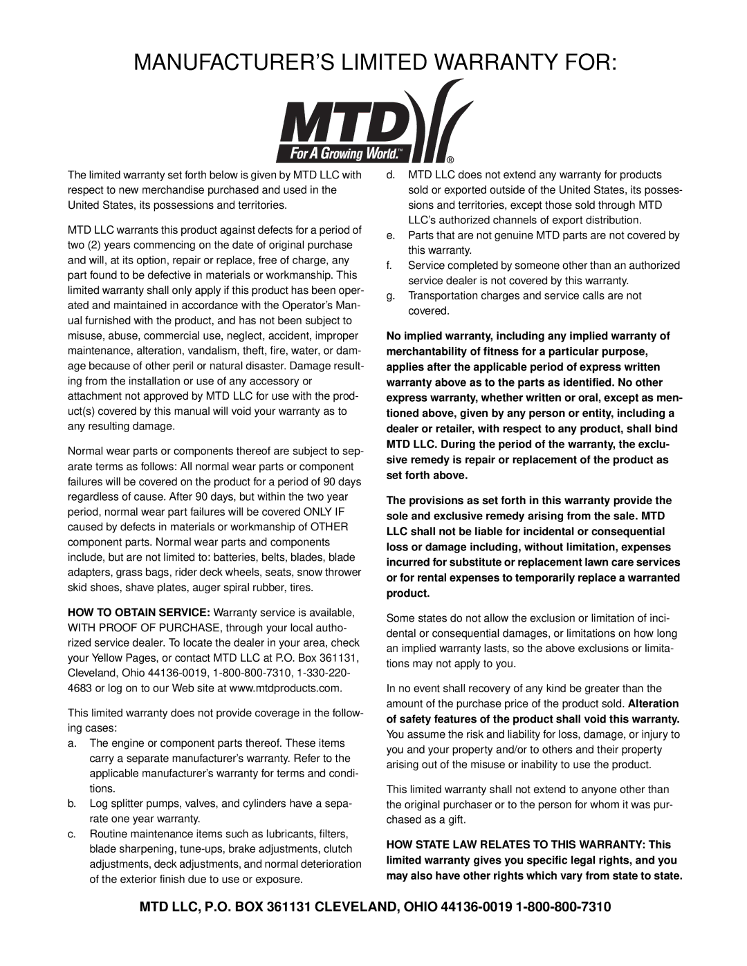 MTD 614E manual MANUFACTURER’S Limited Warranty for 