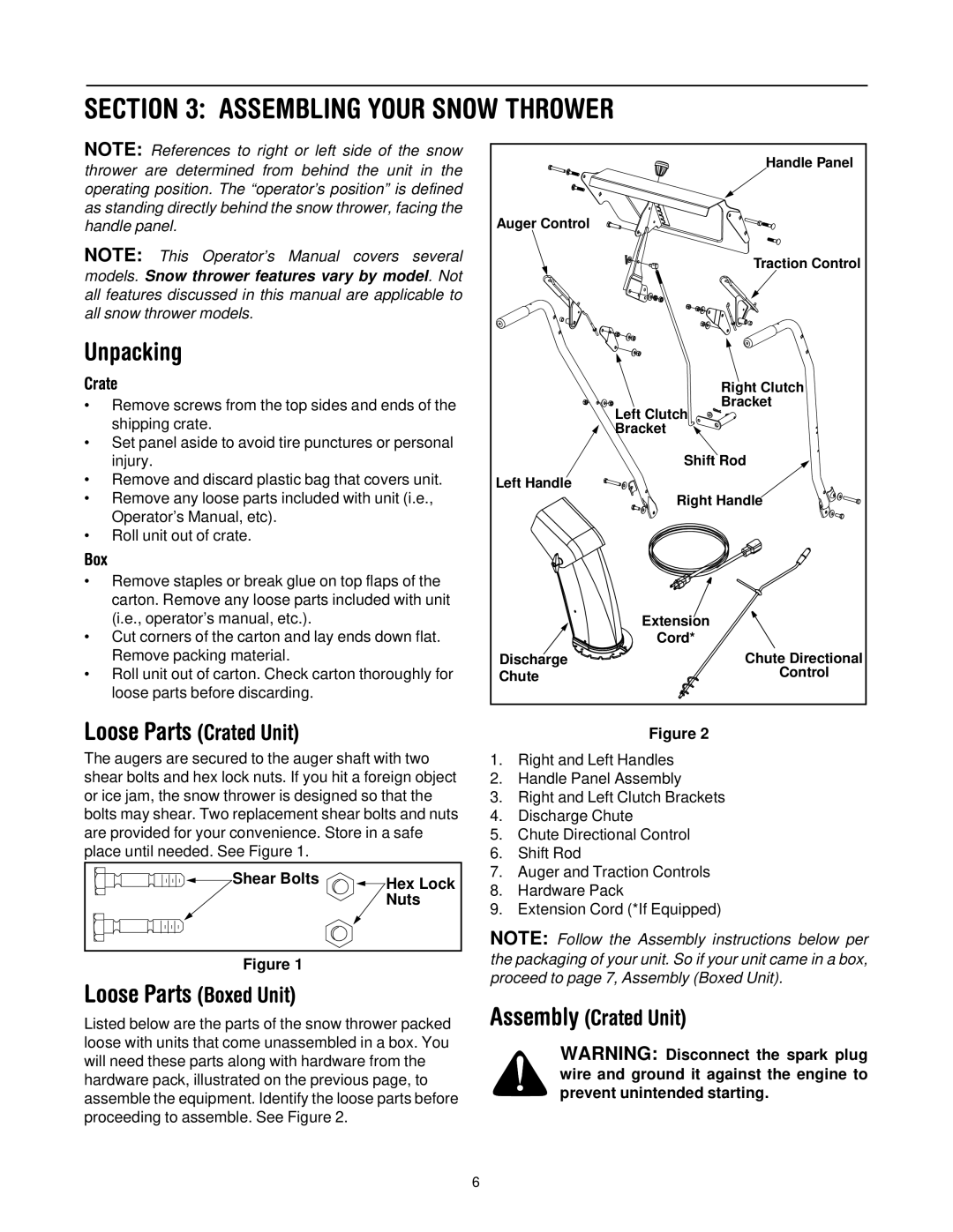 MTD 614E manual Assembling Your Snow Thrower, Unpacking, Loose Parts Boxed Unit, Crate 