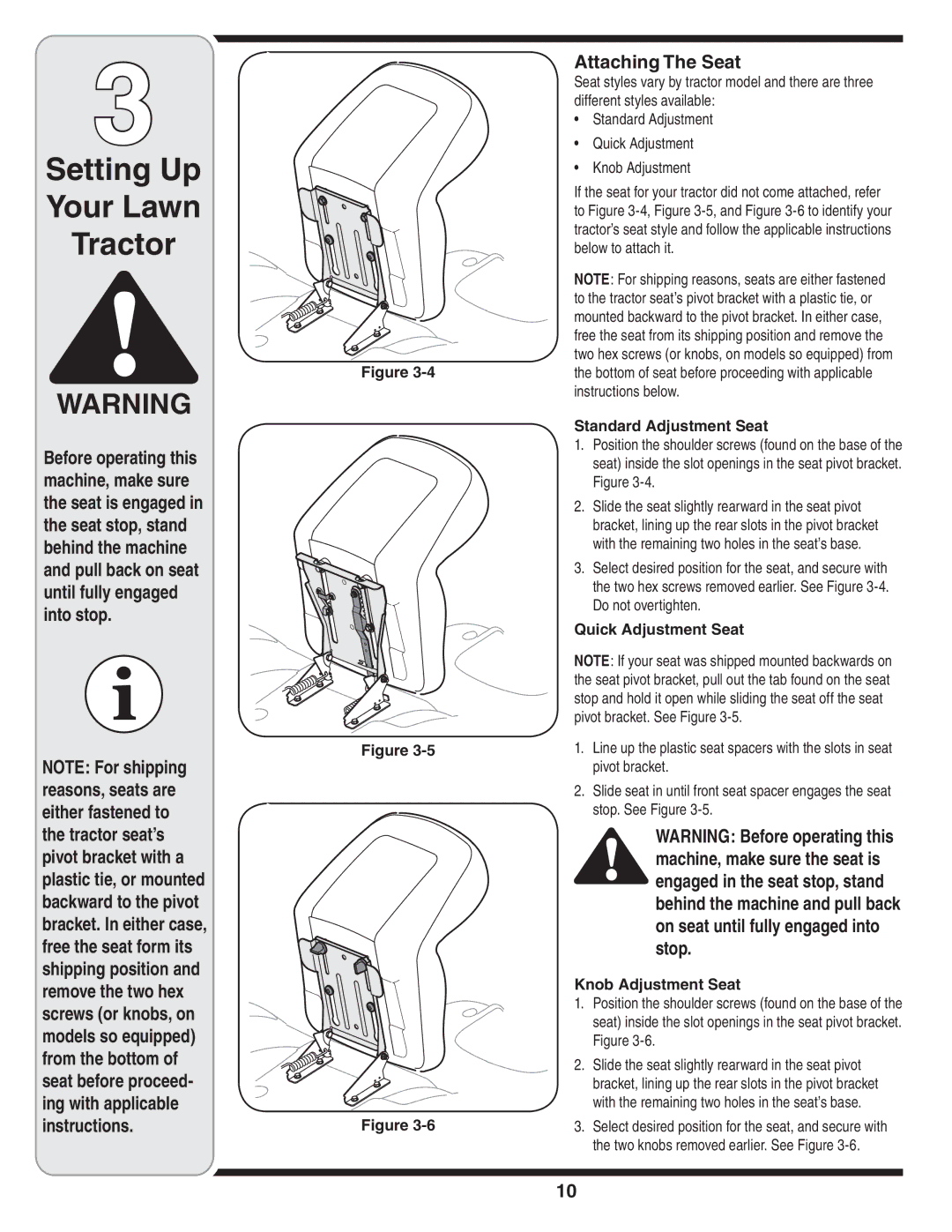 MTD 616 warranty Attaching The Seat, Standard Adjustment Seat, Quick Adjustment Seat, Knob Adjustment Seat 