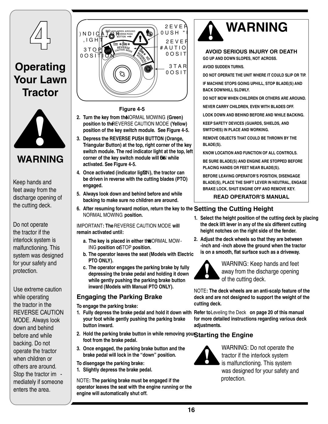 MTD 616 warranty Engaging the Parking Brake, Setting the Cutting Height, Starting the Engine 