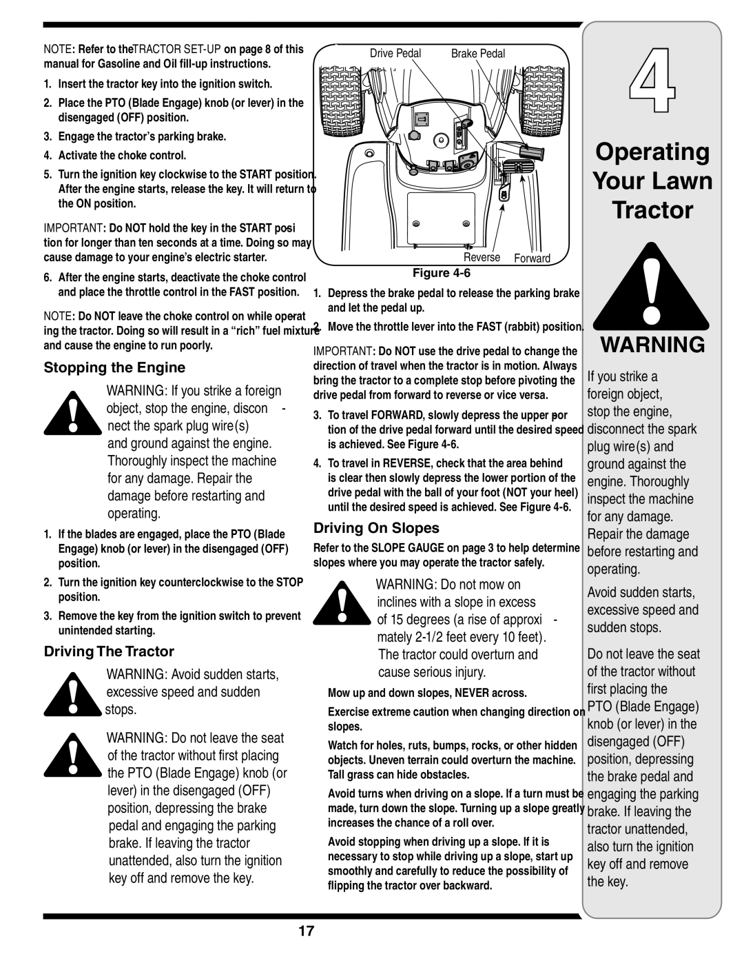 MTD 616 warranty Stopping the Engine, Driving The Tractor, Driving On Slopes, Drive Pedal, Reverse Forward 