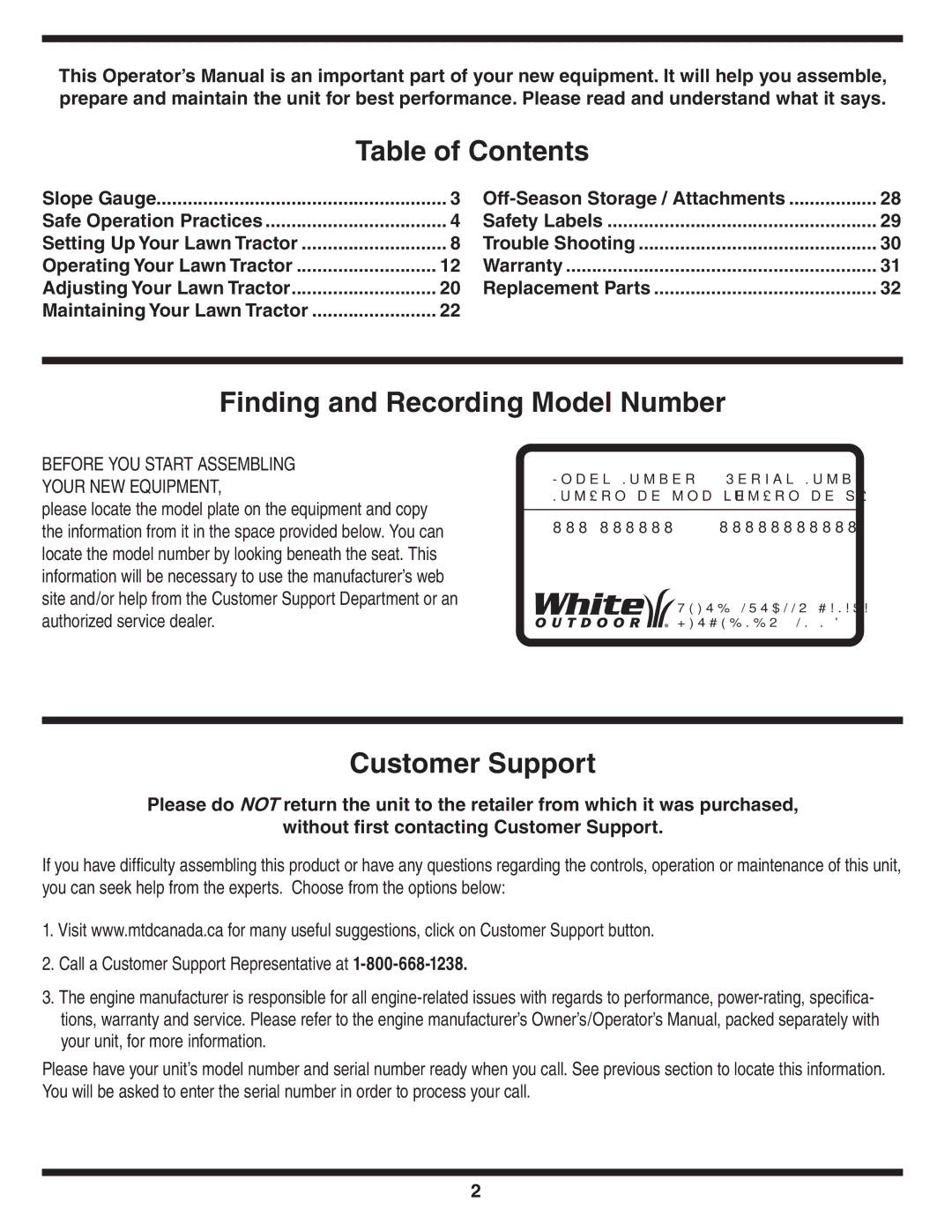 MTD 616 warranty Table of Contents 