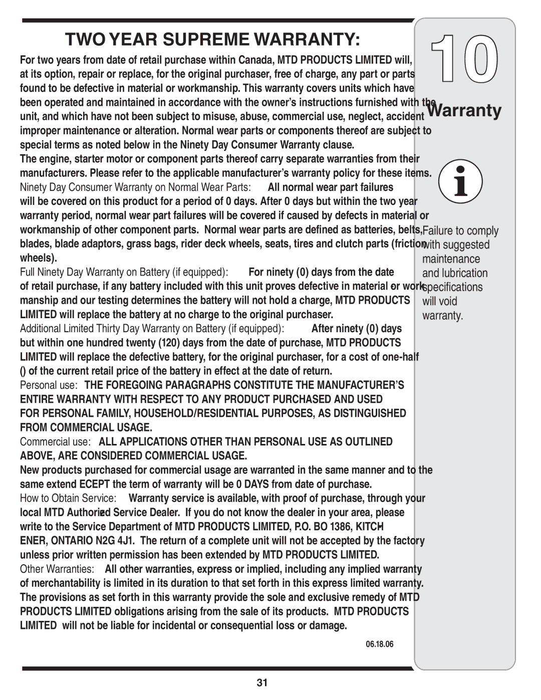 MTD 616 warranty Warranty, 06.18.06 