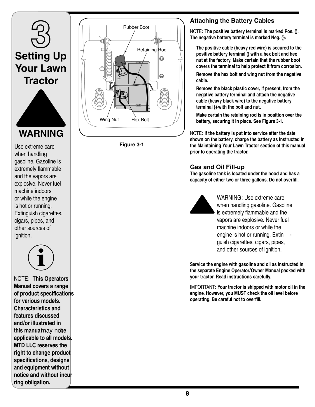 MTD 616 warranty Setting Up Your Lawn Tractor, Attaching the Battery Cables, Gas and Oil Fill-up 