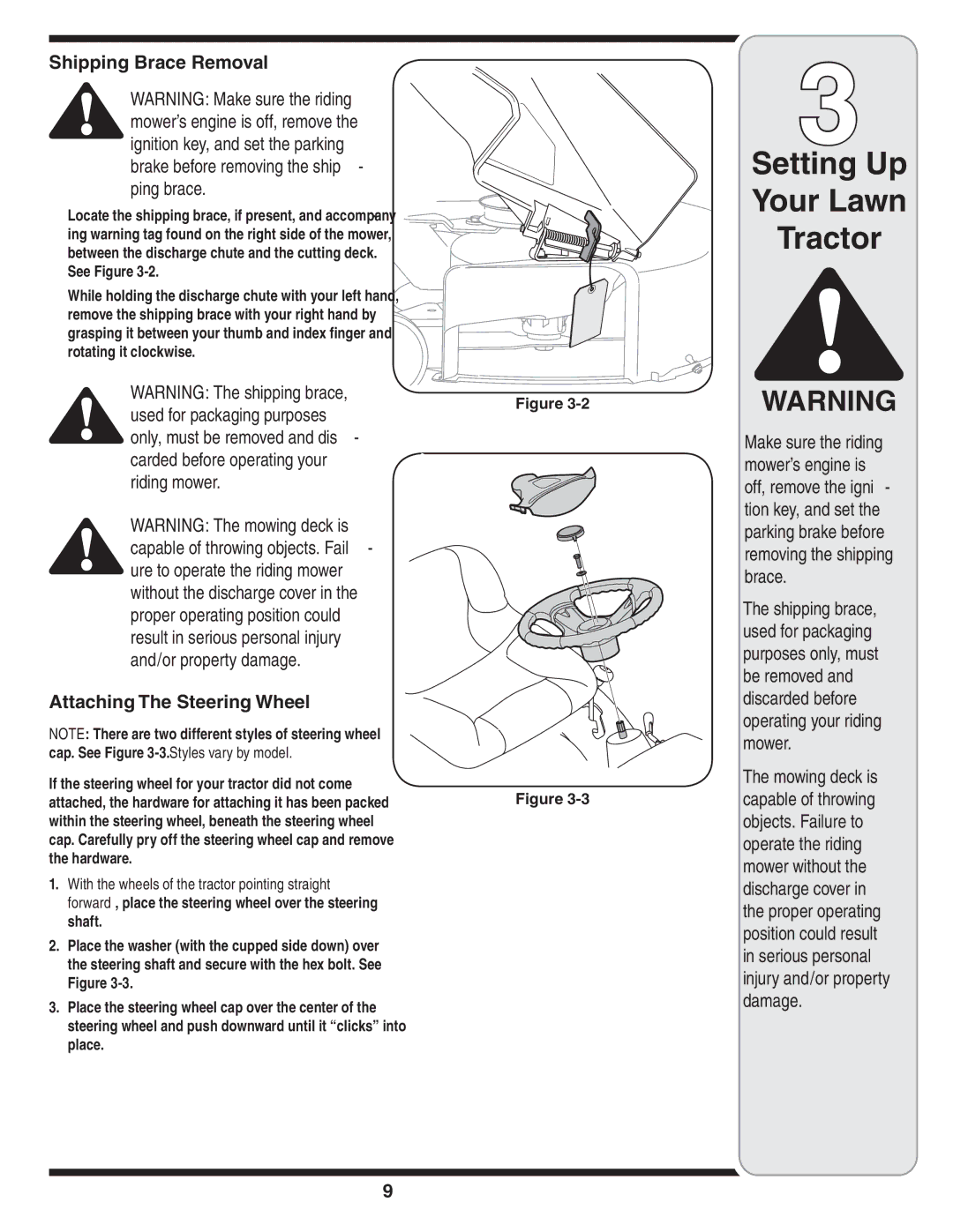 MTD 616 warranty Shipping Brace Removal, Attaching The Steering Wheel 