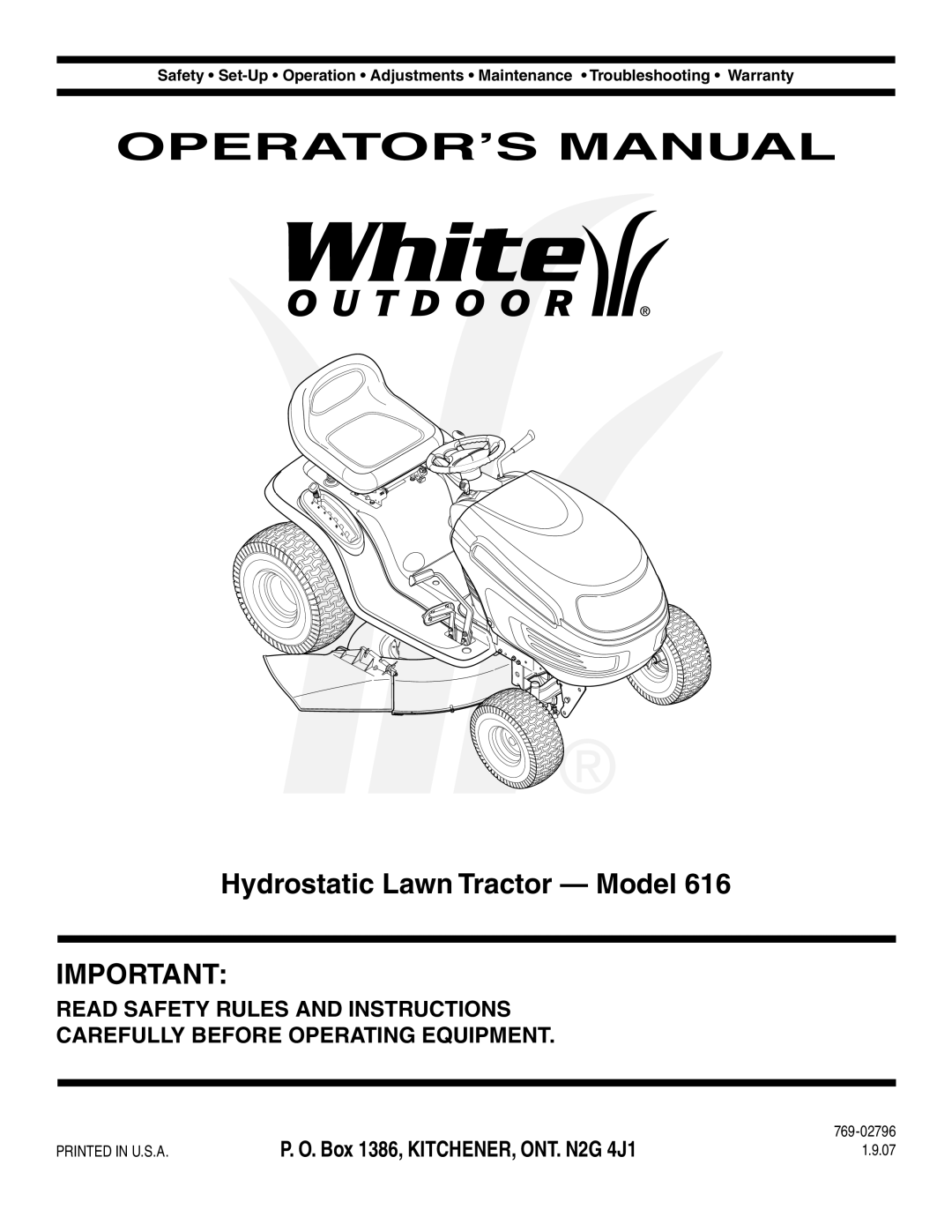 MTD 616 warranty Operator’S Manual, Hydrostatic Lawn Tractor - Model, Read Safety Rules And Instructions 