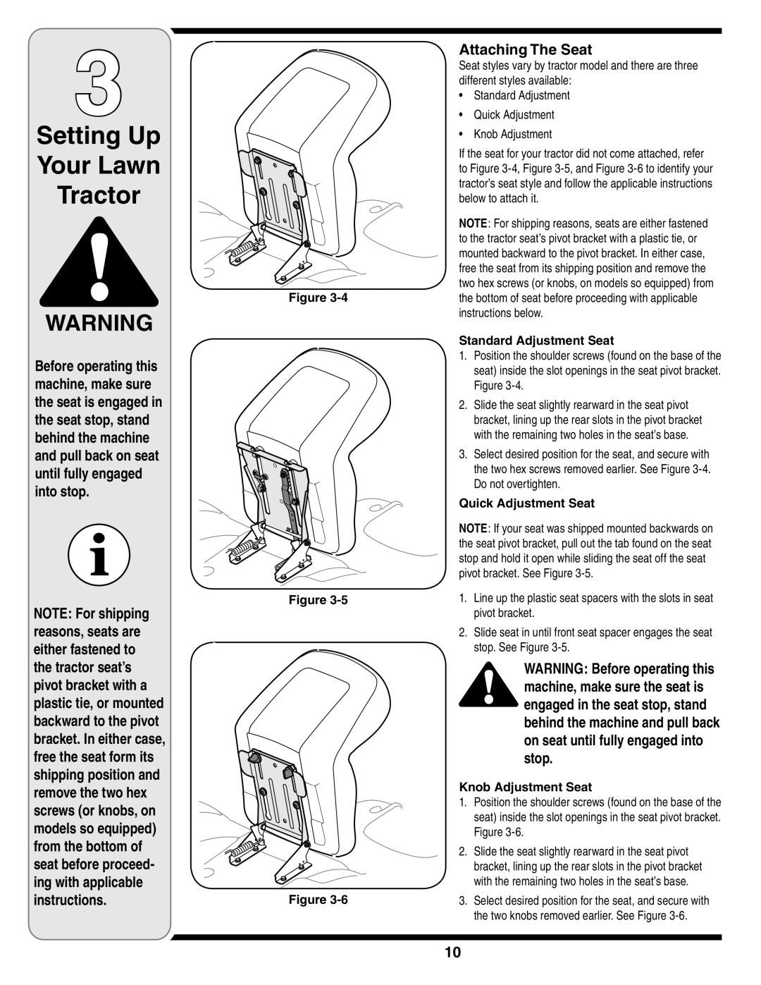 MTD 616 warranty Setting Up Your Lawn Tractor, Attaching The Seat, Standard Adjustment Seat, Quick Adjustment Seat 