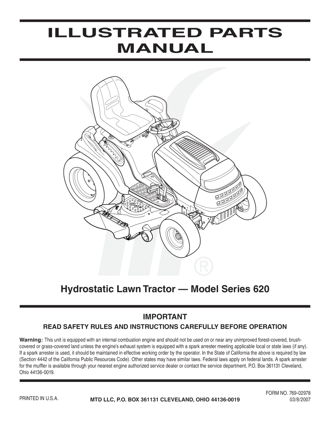 MTD 620 manual Illustrated Parts Manual 