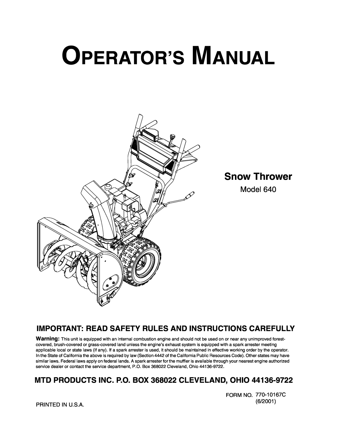 MTD 640 manual Operator’S Manual, Snow Thrower, Model, Important Read Safety Rules And Instructions Carefully 