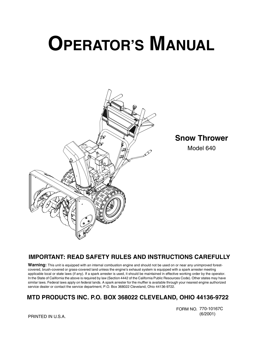 MTD 640 manual OPERATOR’S Manual 