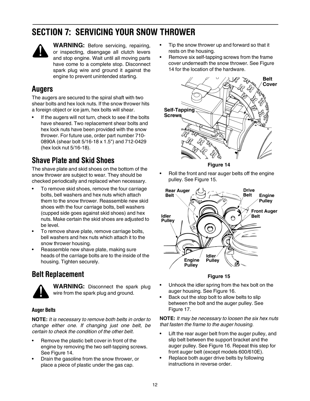 MTD 640 manual Servicing Your Snow Thrower, Augers, Shave Plate and Skid Shoes, Belt Replacement, Auger Belts 