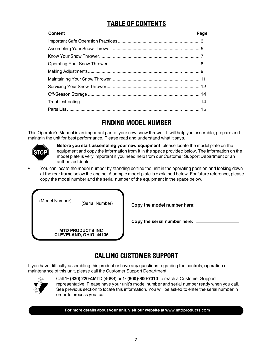 MTD 640 manual Table of Contents 