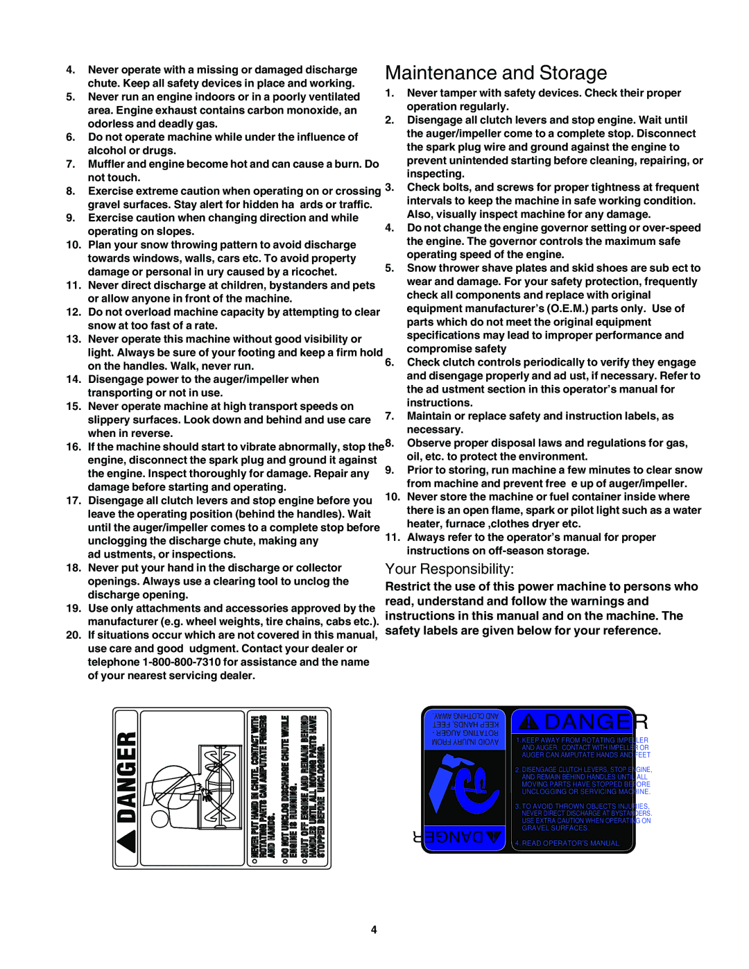 MTD 640 manual Maintenance and Storage, Your Responsibility 