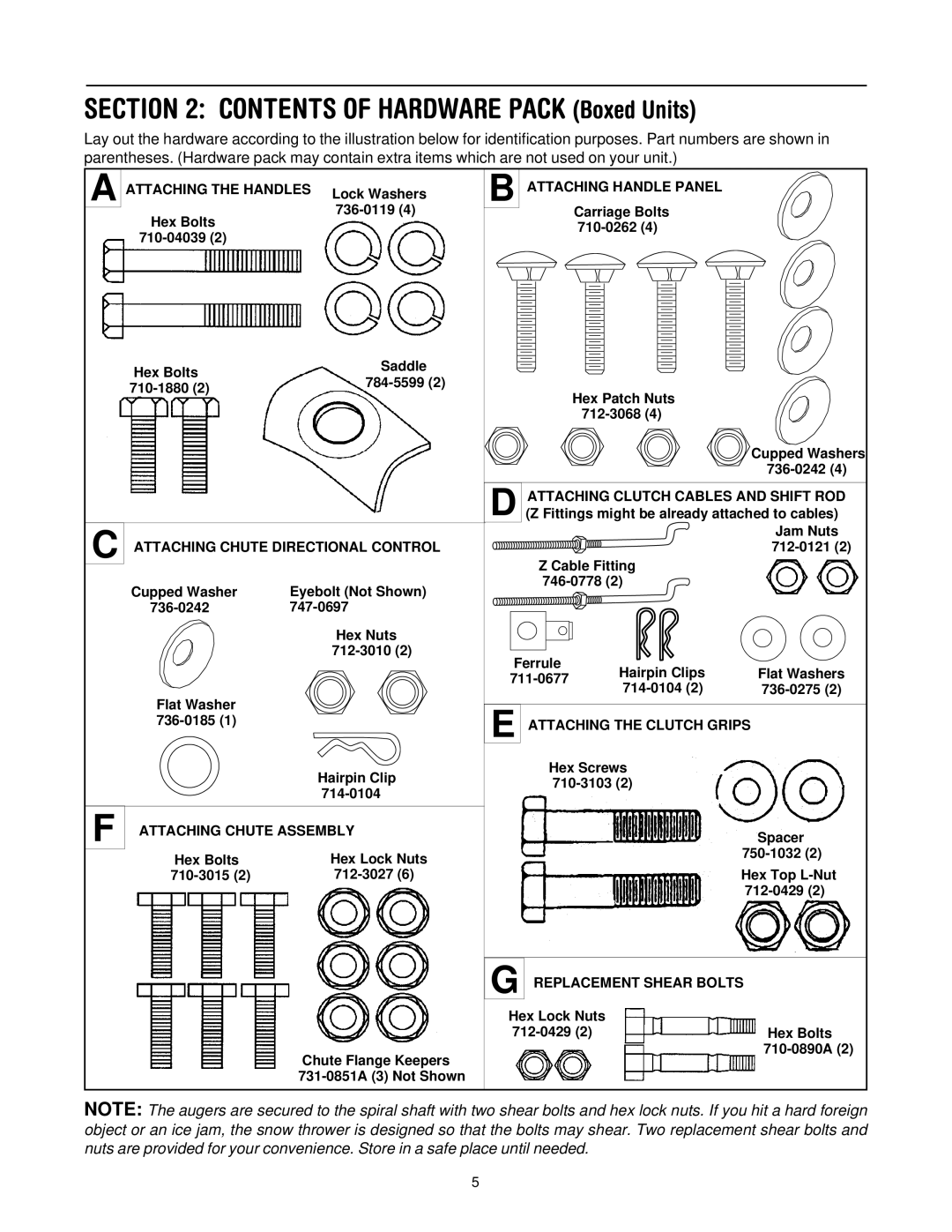 MTD 664G, 644E manual Contents of Hardware Pack Boxed Units 