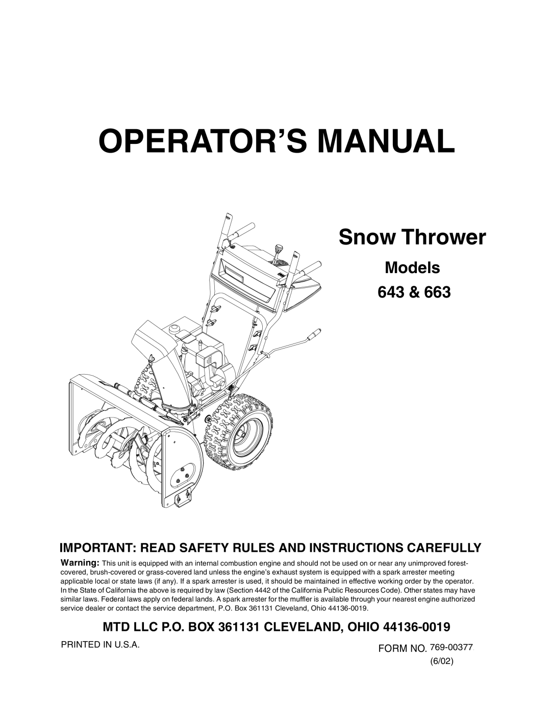 MTD 643, 663 manual OPERATOR’S Manual 