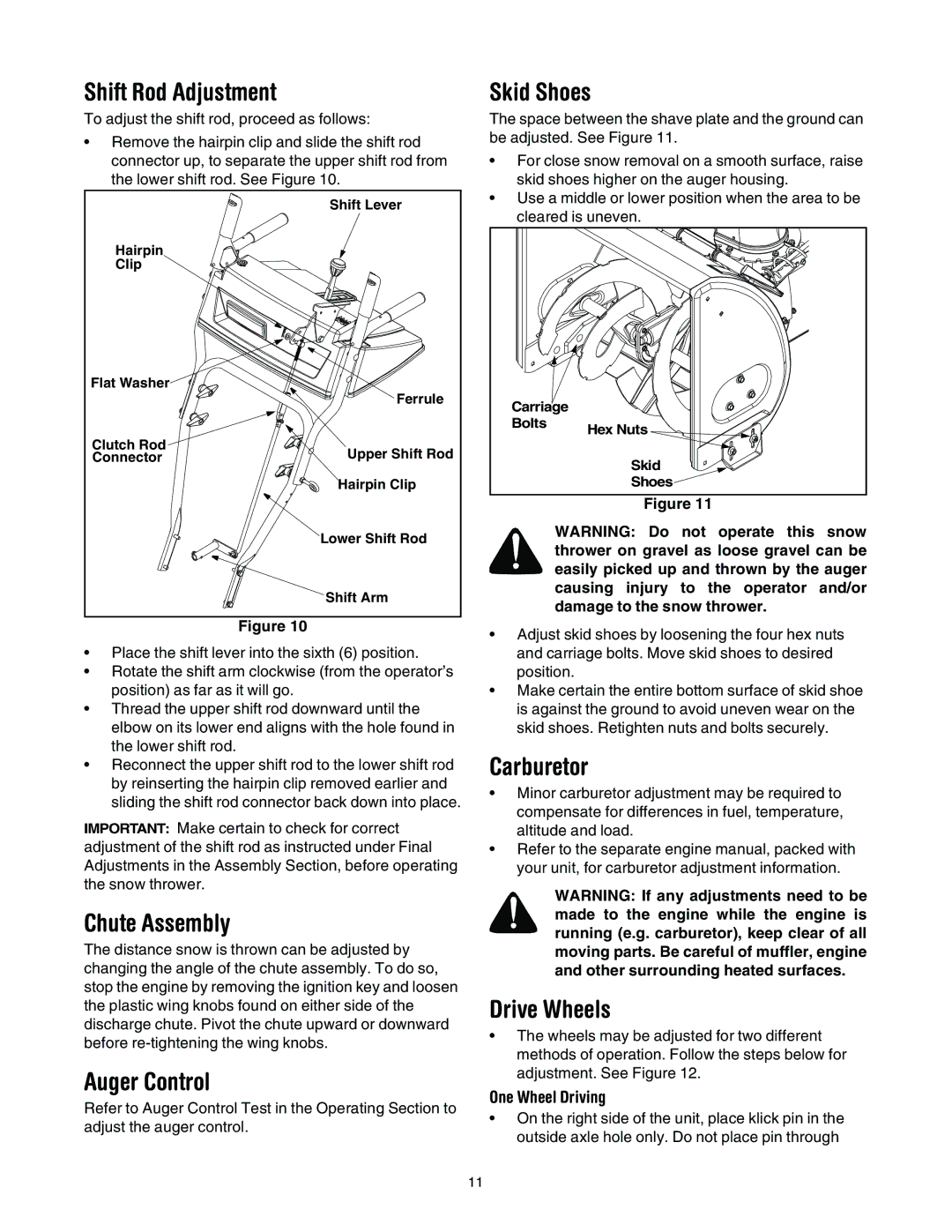 MTD 643, 663 manual Shift Rod Adjustment, Chute Assembly, Auger Control, Skid Shoes, Carburetor, Drive Wheels 