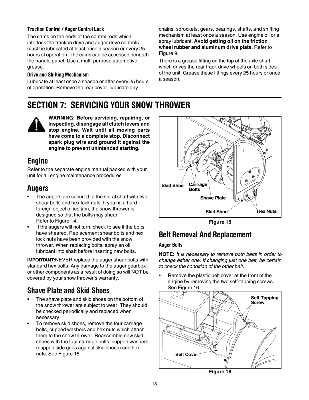 MTD 643, 663 manual Servicing Your Snow Thrower, Engine, Augers, Shave Plate and Skid Shoes, Belt Removal And Replacement 