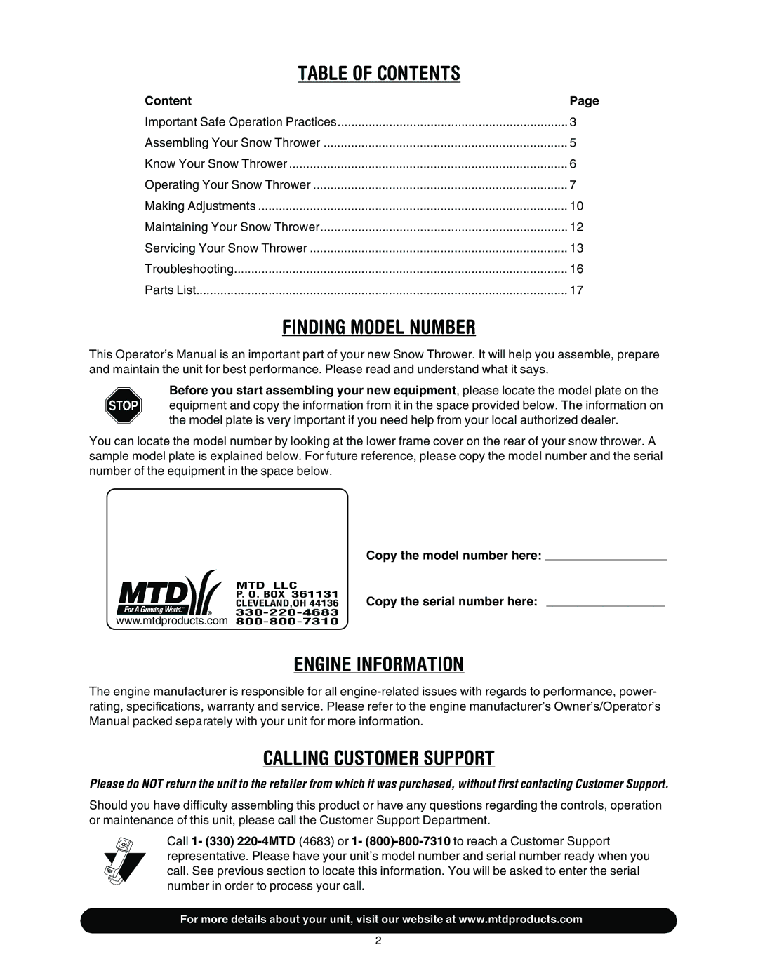 MTD 663, 643 manual Table of Contents 