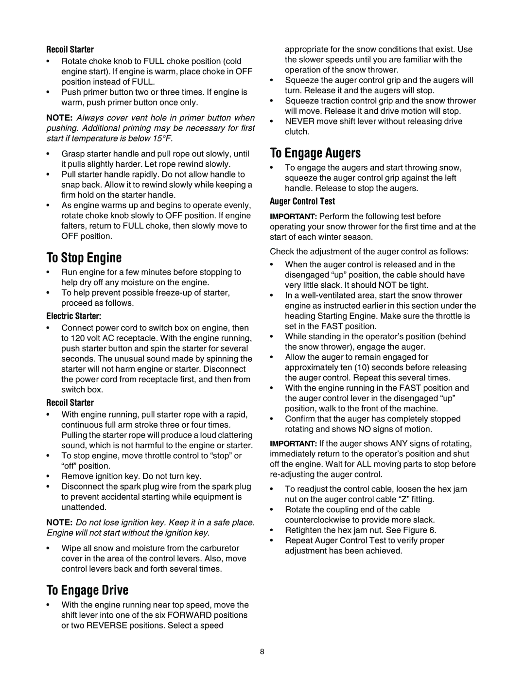 MTD 663, 643 manual To Stop Engine, To Engage Drive, To Engage Augers, Recoil Starter, Auger Control Test 