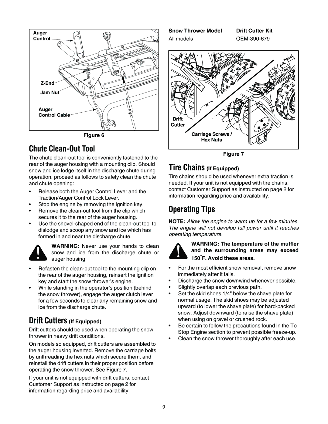 MTD 643, 663 manual Chute Clean-Out Tool, Drift Cutters If Equipped, Operating Tips 