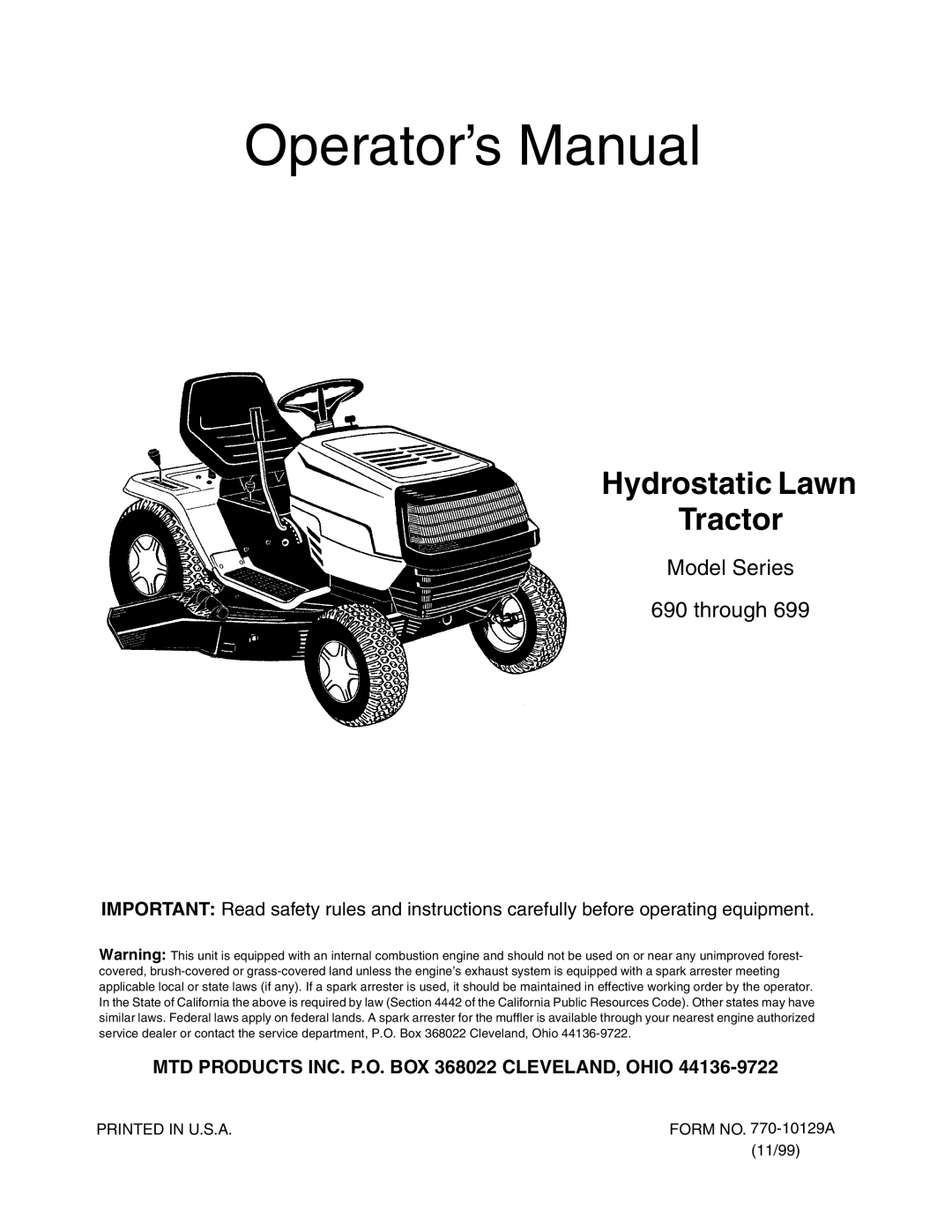 MTD 690 through 699 manual Operator’s Manual 