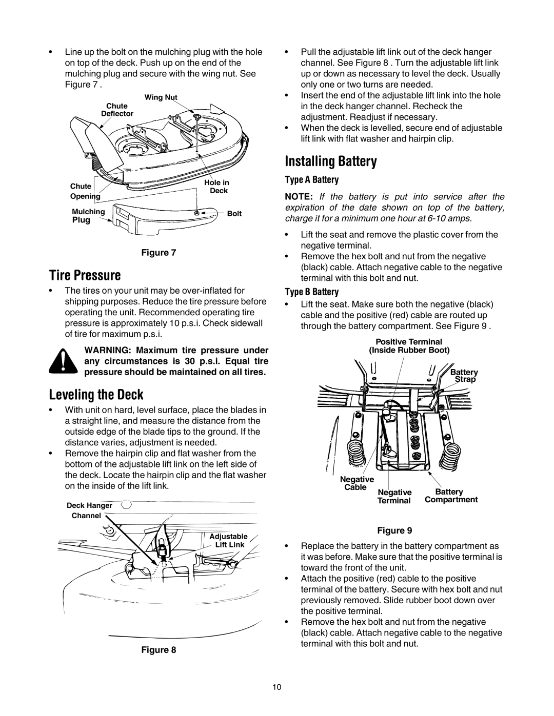 MTD 690 through 699 manual Tire Pressure, Leveling the Deck, Installing Battery, Type a Battery, Type B Battery 