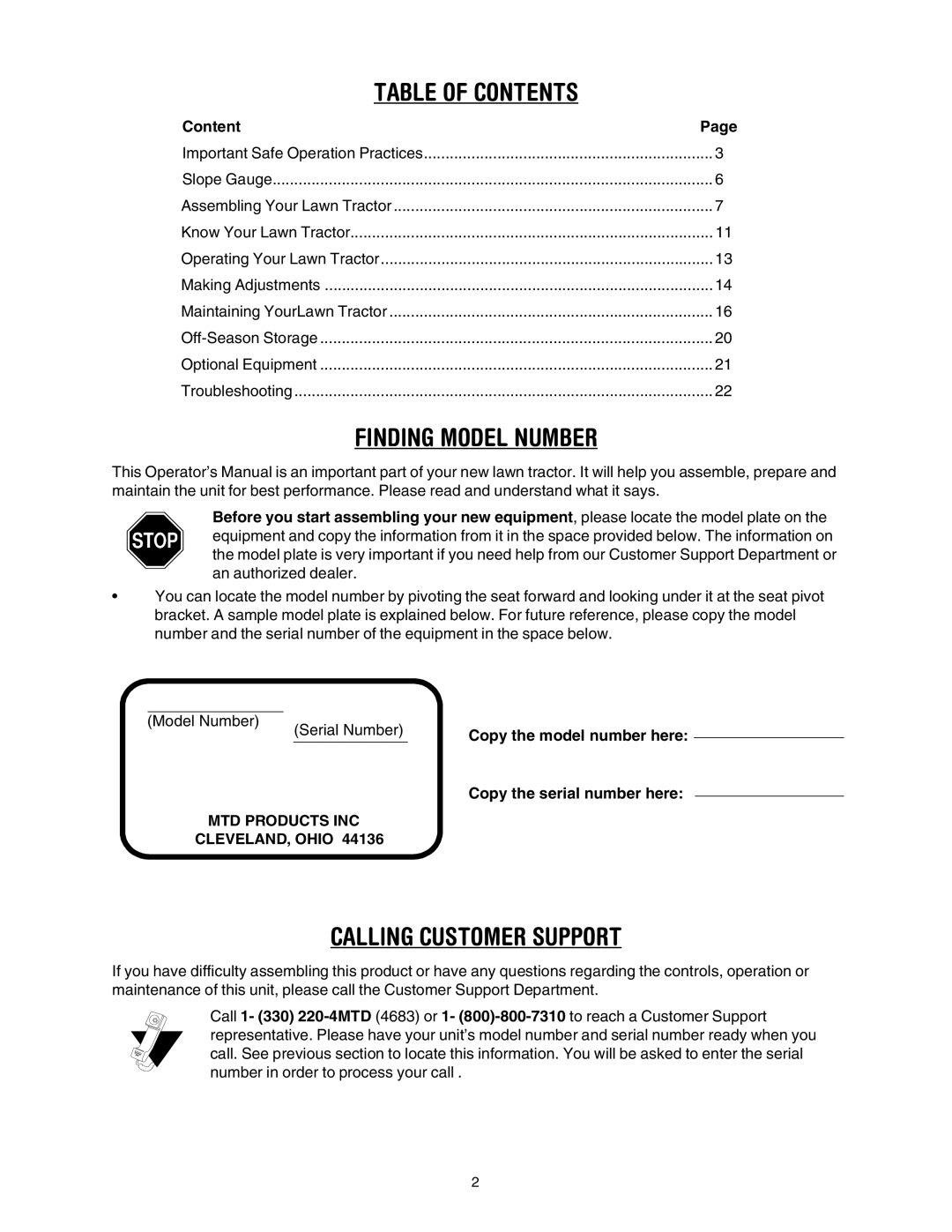 MTD 690 through 699 manual Table of Contents 