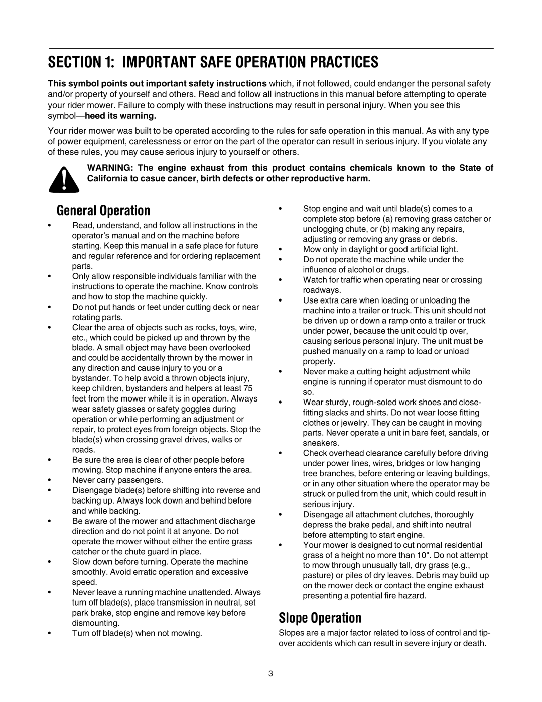 MTD 690 through 699 manual Important Safe Operation Practices, General Operation, Slope Operation 