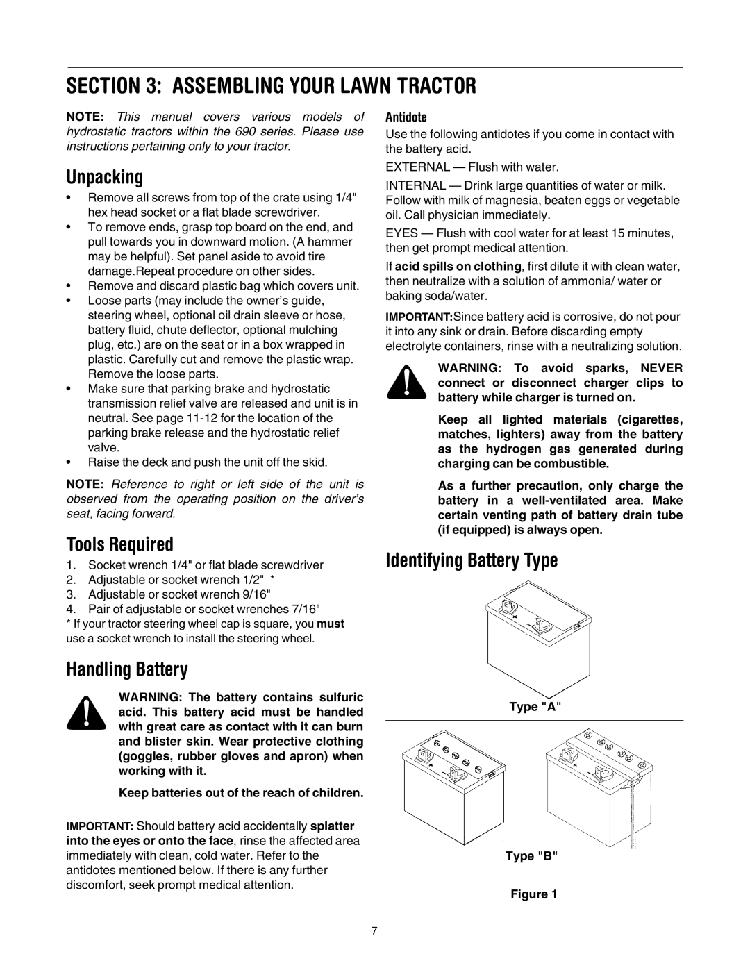 MTD 690 through 699 Assembling Your Lawn Tractor, Unpacking, Tools Required, Handling Battery, Identifying Battery Type 