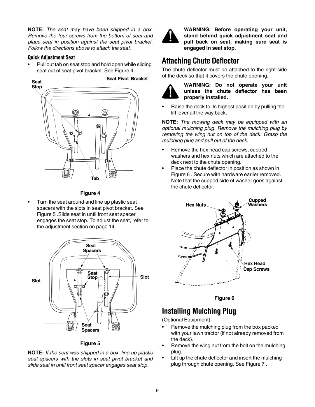 MTD 690 through 699 manual Attaching Chute Deflector, Installing Mulching Plug, Quick Adjustment Seat 