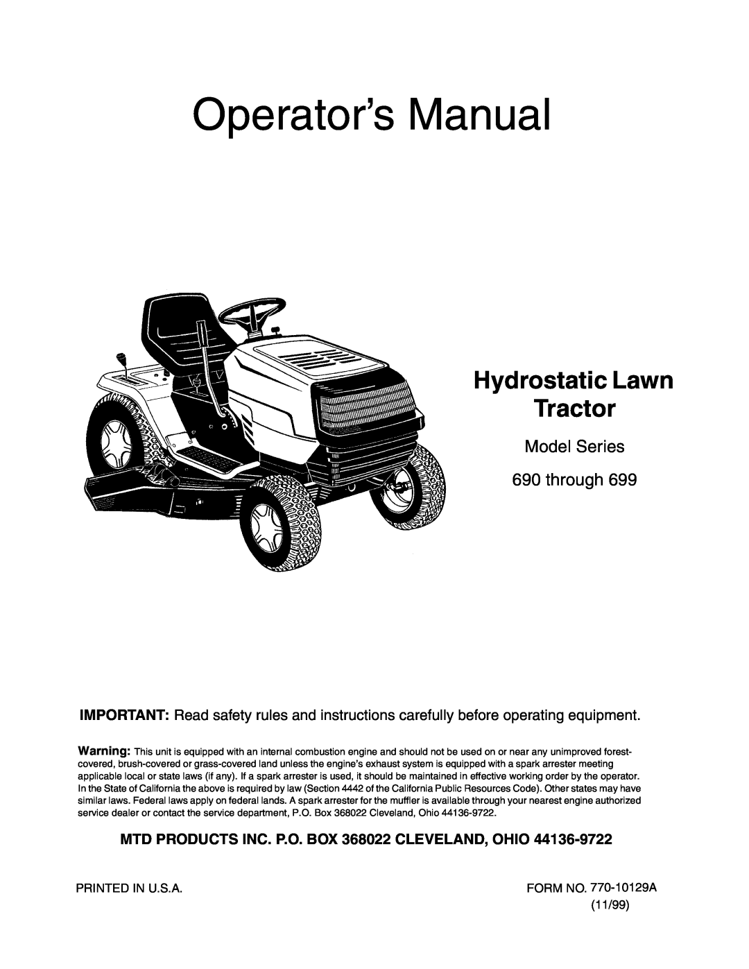 MTD 690 through 699 manual Operator’s Manual, Hydrostatic Lawn Tractor, Model Series 690 through 