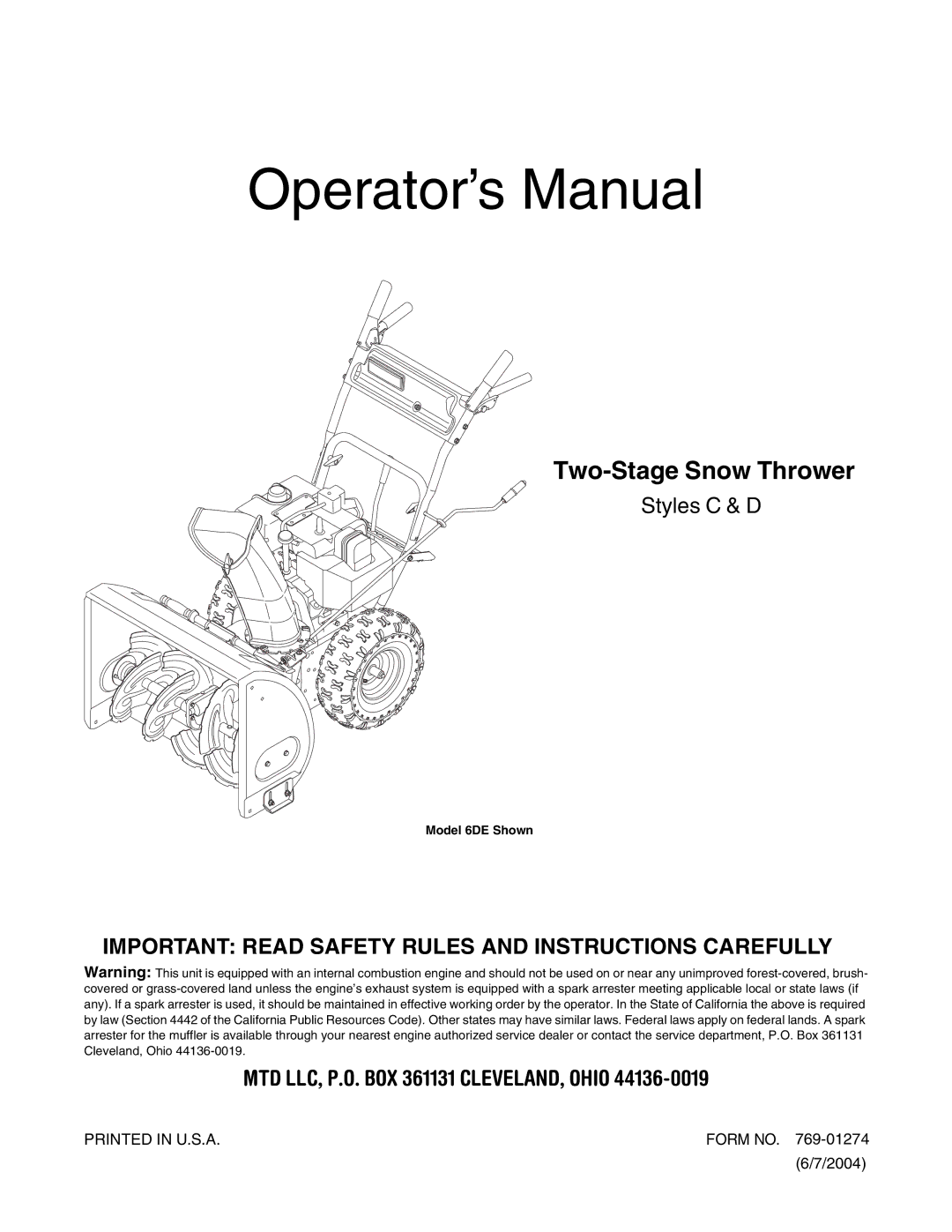 MTD 6DE manual Operator’s Manual 