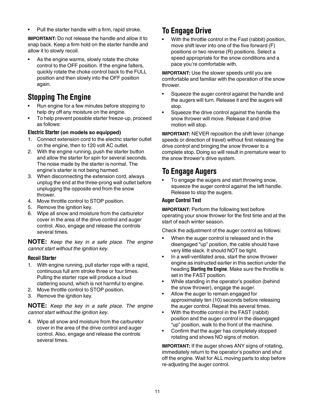 MTD 6DE Stopping The Engine, To Engage Drive, To Engage Augers, Auger Control Test, Electric Starter on models so equipped 