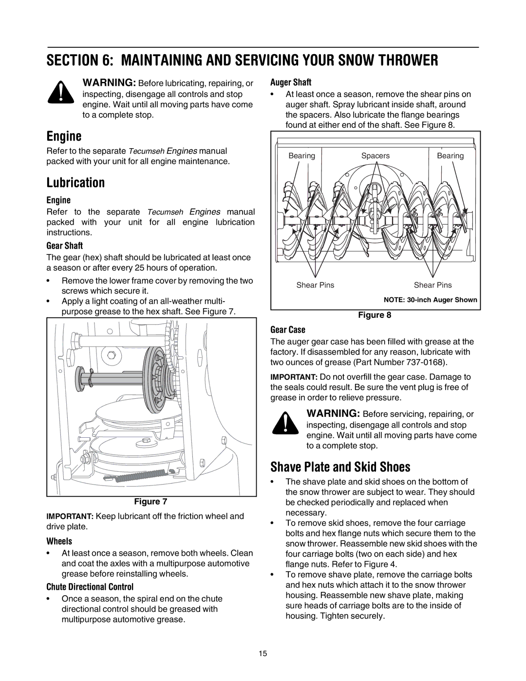 MTD 6DE manual Engine, Lubrication, Shave Plate and Skid Shoes 