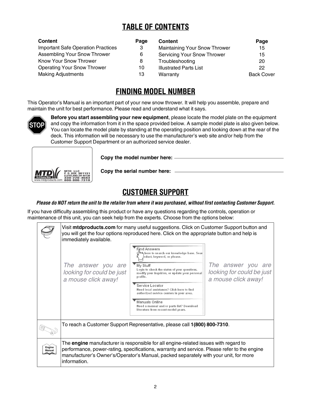 MTD 6DE manual Table of Contents 