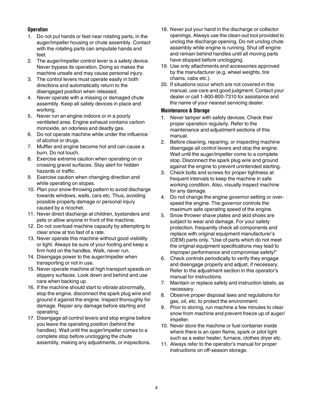 MTD 6DE manual Operation, Maintenance & Storage 