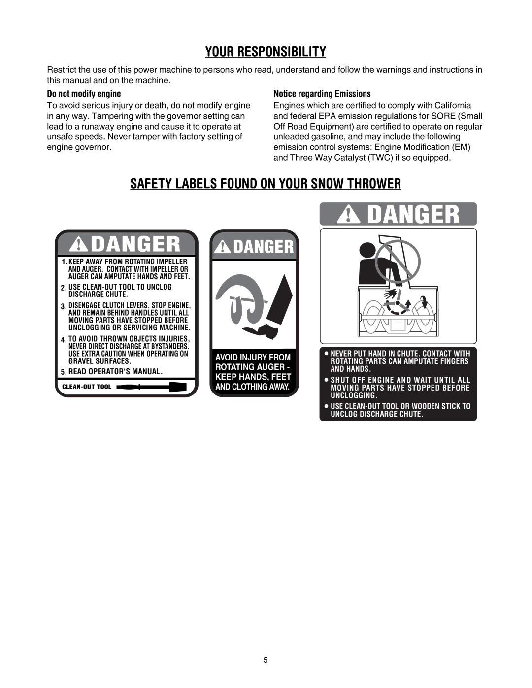 MTD 6DE manual Your Responsibility, Do not modify engine 