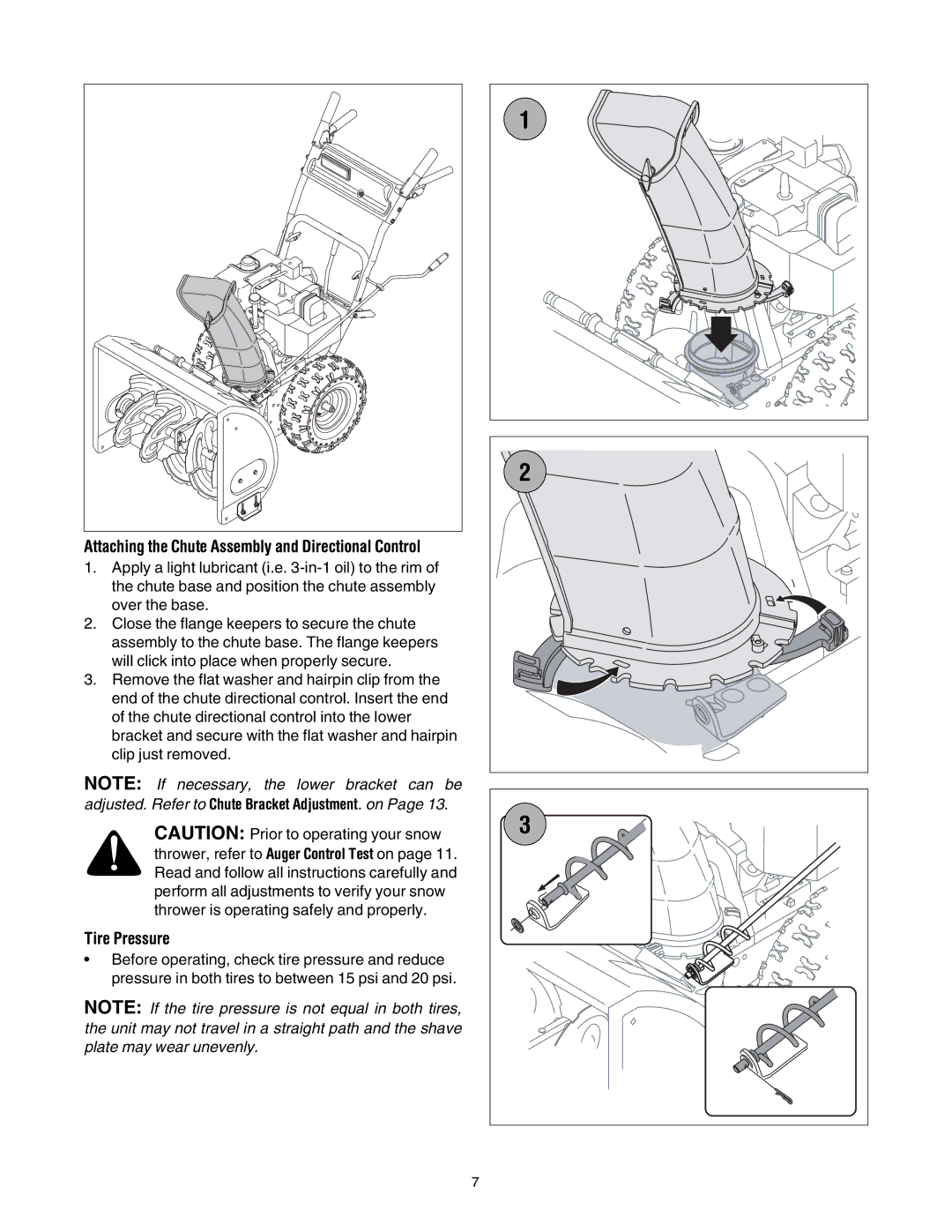 MTD 6DE manual Tire Pressure, Attaching the Chute Assembly and Directional Control 