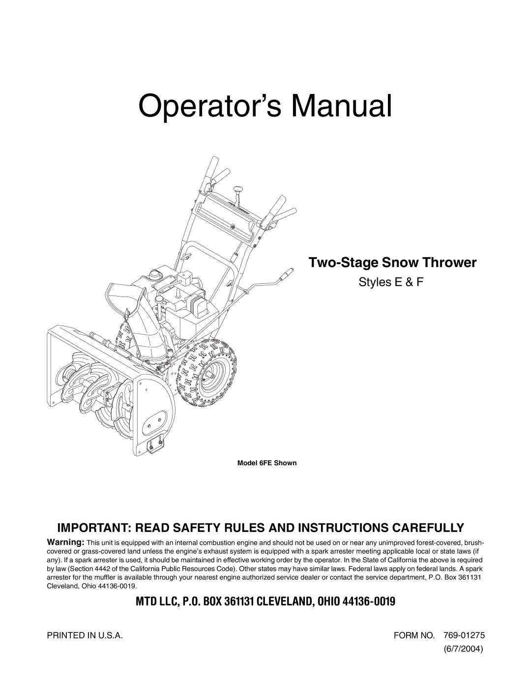 MTD 6FE manual Operator’s Manual 