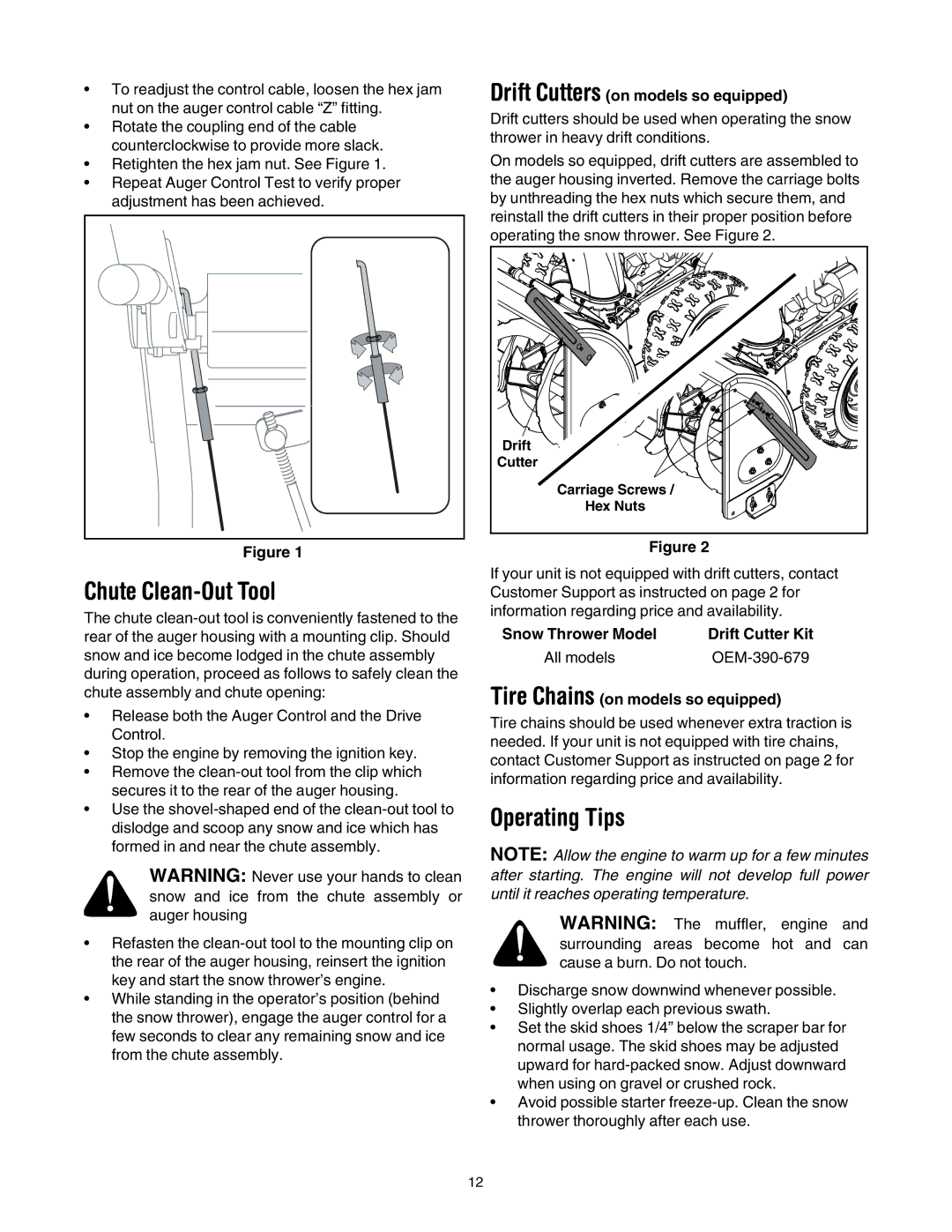 MTD 6FE manual Chute Clean-Out Tool, Operating Tips, Drift Cutters on models so equipped, Drift Cutter Kit 