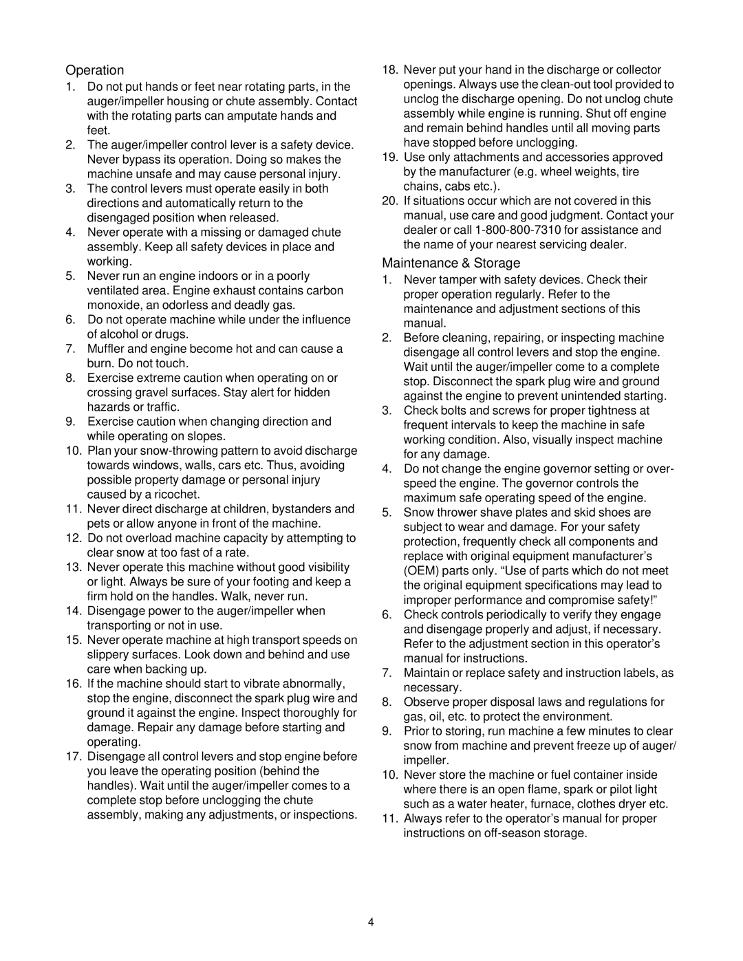 MTD 6FE manual Operation, Maintenance & Storage 