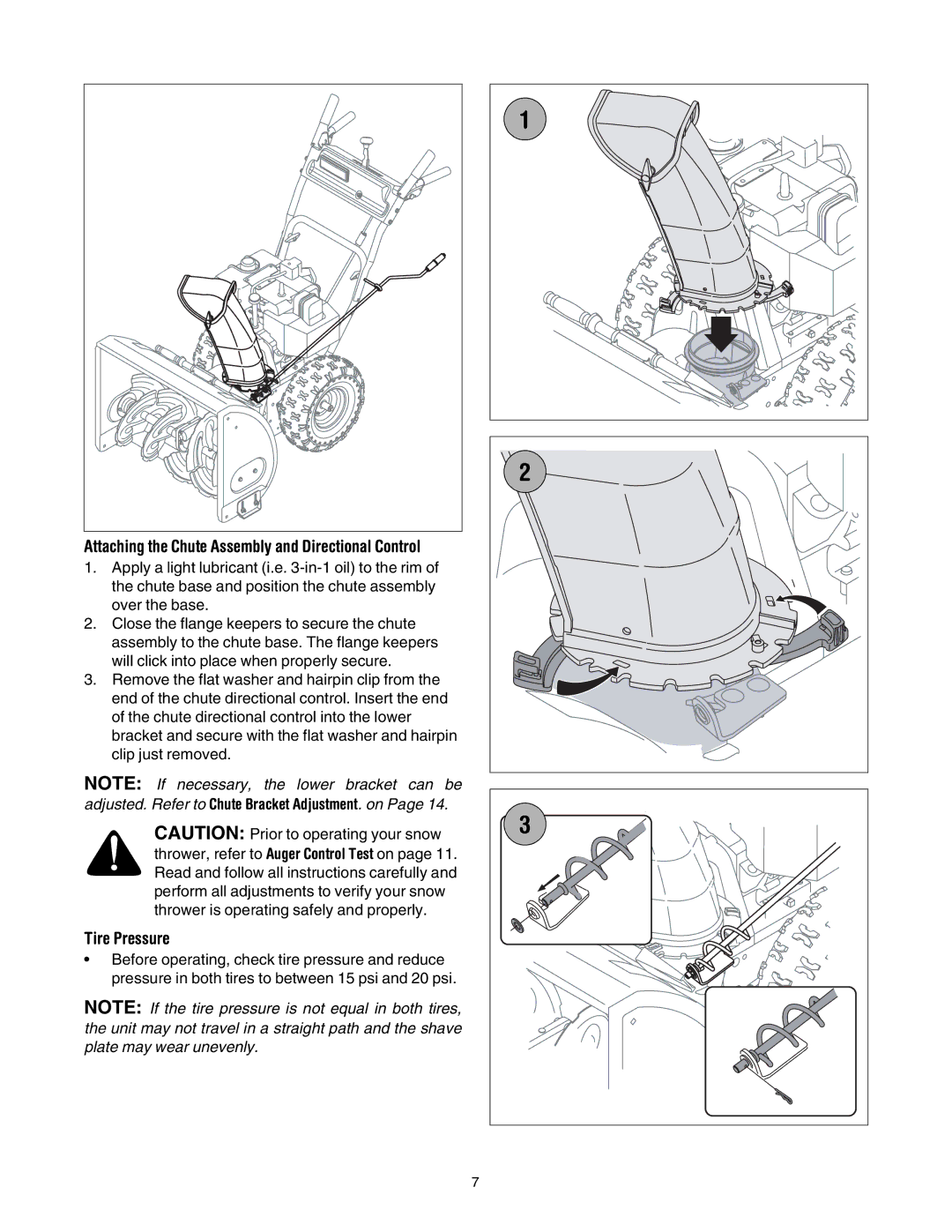 MTD 6FE manual Tire Pressure, Attaching the Chute Assembly and Directional Control 