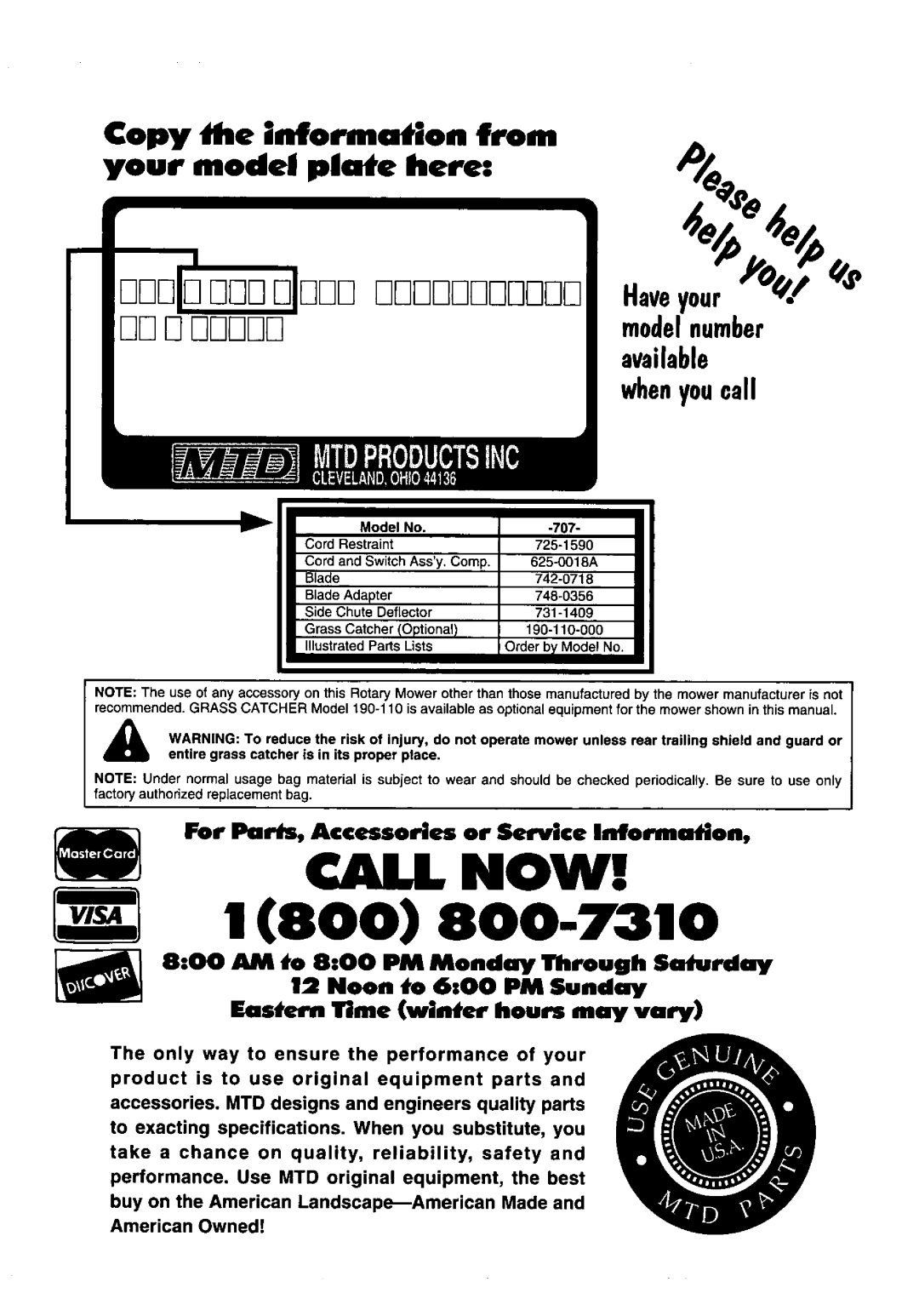 MTD 707 manual 