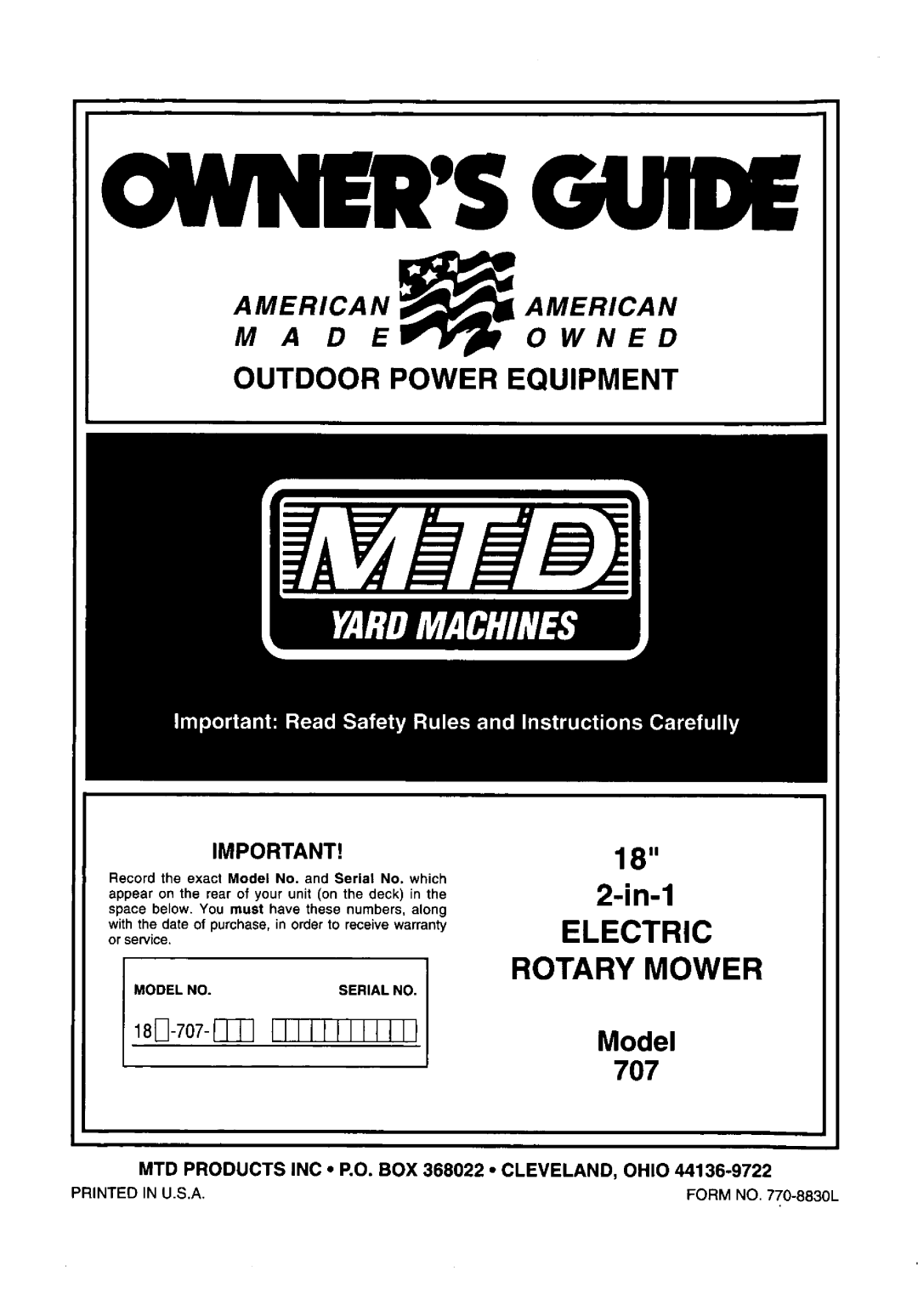 MTD 707 manual 