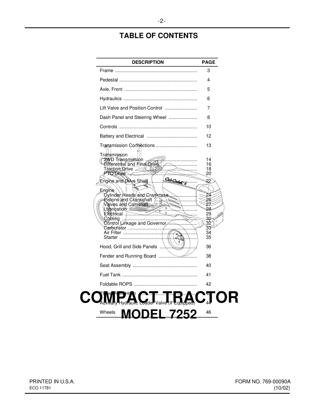 MTD 7252 manual Table of Contents 